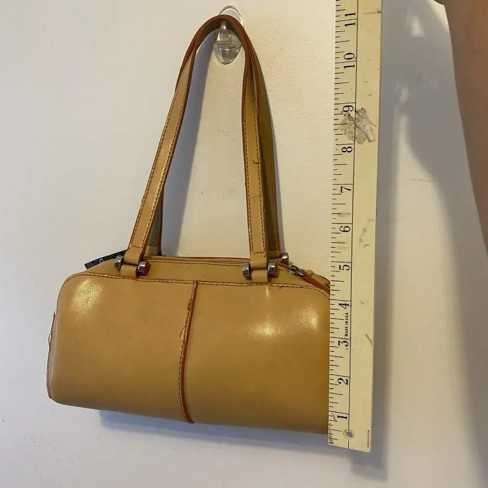 Rare Geoffrey Beene Stimulated Leather Barrel Handbag Bag Beige Shoulder Strap